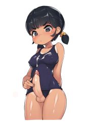 Rule 34 | 1futa, black eyes, black hair, black one-piece swimsuit, blunt bangs, blush, breasts, covered erect nipples, cum, cum on body, cum on breasts, cum on clothes, cum on self, cum on upper body, ejaculation, erection, futanari, highres, large penis, looking down, medium breasts, one-piece swimsuit, original, penis, pepper0, poking penis, school swimsuit, school swimsuit flap, short twintails, simple background, solo, standing, sweatdrop, swimsuit, tan, tanline, testicles, twintails, uncensored, v-shaped eyebrows, white background