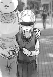 Rule 34 | 1boy, 1girl, age difference, blindfold, blush, bow, bowtie, facing viewer, greyscale, haguhagu (rinjuu circus), height difference, highres, holding hands, long hair, mask, monochrome, original, outdoors, parted lips, pleated skirt, sasha (haguhagu), school uniform, skirt, smile, vest, walking