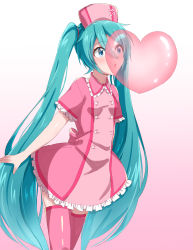 Rule 34 | 1girl, aqua eyes, aqua hair, blowing bubbles, chewing gum, commentary request, cowboy shot, dress, frilled dress, frills, hat, hatsune miku, heart, highres, leaning forward, long hair, nurse, nurse cap, pink background, pink dress, pink thighhighs, short sleeves, solo, supo01, thighhighs, twintails, very long hair, vocaloid, zettai ryouiki
