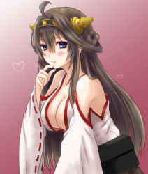 Rule 34 | 10s, 1girl, ahoge, blue eyes, breasts, brown hair, cleavage, collarbone, detached sleeves, eyebrows, hair between eyes, hair ornament, heart, highres, kantai collection, kongou (kancolle), lace-trimmed sleeves, lace trim, large breasts, long hair, looking at viewer, multiple girls, red ribbon, ribbon, ryuusama, solo