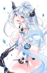 Rule 34 | 1girl, armband, ass, bare shoulders, blue hair, blush, breasts, draph, flower, granblue fantasy, hair between eyes, hair flower, hair ornament, hairclip, highres, hip focus, horns, ice, izmir, izmir (summer) (granblue fantasy), large breasts, long hair, looking at viewer, mole, mole under mouth, one-piece swimsuit, open mouth, pointy ears, ponytail, red eyes, sash, simple background, sitting, smile, snowflake hair ornament, solanikieru, solo, swimsuit, thigh strap, thighs, underboob, very long hair, white background, white one-piece swimsuit