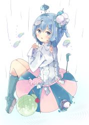 Rule 34 | 1girl, blue eyes, blue flower, blue footwear, blue hair, boots, cloud hair ornament, commentary, flower, from behind, full body, hair between eyes, hair ornament, hairclip, highres, long sleeves, original, own hands together, rain, rubber boots, shirt, shoe soles, short eyebrows, simple background, sitting, skirt, sleeves past wrists, solo, symbol-only commentary, teruterubouzu, thick eyebrows, tsukiyo (skymint), umbrella, white background, white shirt