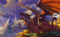 Rule 34 | 1girl, alexstrasza, armor, artist name, bayard wu, black gloves, black thighhighs, blue sky, boobplate, breastplate, building, cloud, commentary, company logo, company name, copyright notice, detached sleeves, dragon, dragon horns, dual persona, english commentary, falling leaves, fantasy, fins, floating hair, flying, fur-trimmed armor, fur trim, gloves, greaves, head fins, highres, holding, holding staff, horn ornament, horn ring, horns, leaf, long hair, looking at viewer, mountain, multiple horns, official art, open mouth, outdoors, pauldrons, pelvic curtain, red eyes, red hair, rock, scenery, sharp teeth, shin guards, shoulder armor, sky, slit pupils, spikes, spread wings, staff, standing, tail, teeth, thighhighs, vambraces, warcraft, western dragon, world of warcraft