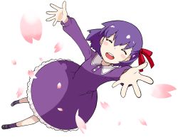 Rule 34 | 1girl, ^ ^, blush stickers, capsule servant, dress, closed eyes, fate/zero, fate (series), full body, highres, matou sakura, medori, official art, outstretched arms, petals, purple dress, purple hair, short hair, solo, transparent background