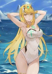 Rule 34 | armpits, arms behind head, bare shoulders, blonde hair, breasts, choker, cleavage, collarbone, covered navel, fadingz, gluteal fold, hair between eyes, highleg, highleg swimsuit, highres, large breasts, long hair, looking at viewer, mythra (radiant beach) (xenoblade), mythra (xenoblade), nintendo, ocean, one-piece swimsuit, parted lips, sidelocks, sky, strapless, strapless one-piece swimsuit, swept bangs, swimsuit, thigh gap, tiara, tsurime, very long hair, xenoblade chronicles (series), xenoblade chronicles 2, yellow eyes