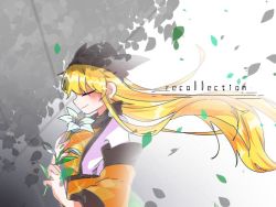 Rule 34 | 1girl, blonde hair, blush, english text, closed eyes, falling leaves, flower, hat, holding, holding flower, leaf, lily (flower), long hair, matara okina, smile, solo, tabard, touhou, upper body, very long hair, wakame 495, white lily, wide sleeves