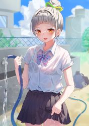 Rule 34 | 1girl, absurdres, bag, blunt bangs, blush, bra visible through clothes, breasts, clothes lift, grey hair, hair bun, hair ornament, hairband, hexagram hair ornament, highres, holding, holding hose, hololive, hose, lifting own clothes, long sleeves, looking at viewer, mei am0, murasaki shion, neckerchief, neko (minato aqua), open mouth, pleated skirt, school uniform, shiokko (murasaki shion), short hair, skirt, skirt lift, small breasts, smile, solo, virtual youtuber, water, wet, wet clothes, yellow eyes