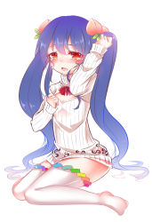 Rule 34 | 1girl, alternate hairstyle, blue hair, blush, cleavage cutout, clothing cutout, crying, crying with eyes open, food, fruit, hair ornament, hinanawi tenshi, looking at viewer, meisenraku, meme attire, open-chest sweater, open mouth, orange eyes, peach, ribbed sweater, simple background, sitting, solo, streaming tears, sweater, tears, thighhighs, touhou, twintails, wariza, wavy mouth, white background, white thighhighs, zettai ryouiki