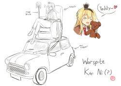 Rule 34 | 1girl, ?, arrow (symbol), blonde hair, blush, car, closed eyes, collar, collared shirt, cosplay, couch, crossed legs, crown, english text, eyebrows, formal, hair between eyes, heart, highres, holding, holding stuffed toy, kantai collection, mini cooper, mini crown, mop, motor vehicle, mr bean, mr bean (character), mr bean (character) (cosplay), necktie, on vehicle, open mouth, pant suit, pants, parody, setia pradipta, shirt, sidelocks, sitting, smile, source request, sparkle, speech bubble, spoken heart, stuffed animal, stuffed toy, suit, teddy bear, vehicle focus, warspite (kancolle)