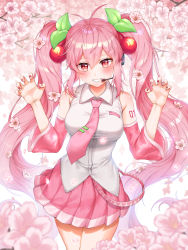 Rule 34 | 1girl, absurdres, antenna hair, bad id, bad pixiv id, blouse, blurry, blush, breasts, cherry, cherry blossoms, cherry hair ornament, claw pose, collared shirt, cowboy shot, detached sleeves, floral background, flower, food, food-themed hair ornament, fruit, grin, hair ornament, hands up, harusame (user wawj5773), hatsune miku, headset, highres, leaf, long hair, looking at viewer, medium breasts, miniskirt, nail polish, necktie, number tattoo, petals, pink hair, pink necktie, pink skirt, pink theme, pleated skirt, red eyes, red nails, sakura miku, see-through, see-through sleeves, shirt, shoulder tattoo, skirt, slit pupils, smile, solo, tattoo, tie clip, twintails, very long hair, vocaloid, w arms, white shirt, wing collar