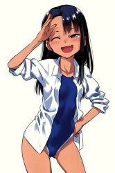 Rule 34 | 1girl, 774 (nanashi), ;d, absurdres, artbook, asymmetrical bangs, black hair, contrapposto, cowboy shot, dark-skinned female, dark skin, earclip, highres, ijiranaide nagatoro-san, nagatoro hayase, official art, one-piece swimsuit, one eye closed, open clothes, open mouth, open shirt, salute, scan, shirt, simple background, smile, solo, swimsuit, swimsuit under clothes, white background, white shirt