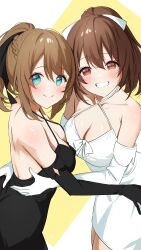 Rule 34 | 2girls, absurdres, aogiri koukou, backless dress, backless outfit, black dress, black gloves, blue eyes, blush, braid, breasts, brown eyes, brown hair, cleavage, closed mouth, collarbone, dress, elbow gloves, gloves, hand on another&#039;s hip, highres, indie virtual youtuber, kkix25, kurikoma komaru, large breasts, looking at viewer, multiple girls, ponytail, simple background, sleeveless, sleeveless dress, smile, teeth, virtual youtuber, white dress, white gloves