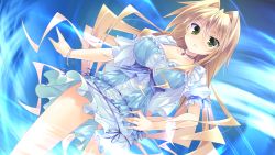 Rule 34 | 1girl, blonde hair, bracelet, breasts, cleavage, collar, game cg, green eyes, guardian place, hand on own hip, hibarigaoka itsuki, highres, jewelry, large breasts, legs, long hair, looking at viewer, serious, simple background, skirt, solo, standing, thighs, tsurugi hagane, wavy hair, wind