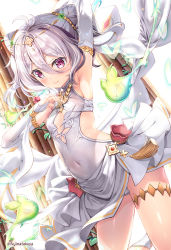 1girl, arm up, armpits, bangs, bare shoulders, breasts, bridal gauntlets, closed mouth, commentary request, covered navel, dress, eyebrows visible through hair, fujima takuya, hair between eyes, hair cones, kokkoro (princess connect!), princess connect!, princess connect! re:dive, red eyes, silver hair, sleeveless, sleeveless dress, small breasts, smile, solo, twintails, twitter username, white background, white dress