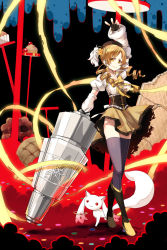 Rule 34 | 10s, 1girl, arm cannon, arm up, beret, blonde hair, drill hair, fingerless gloves, gloves, gun, hat, kaida michi, kyubey, legs, long legs, magical girl, mahou shoujo madoka magica, mahou shoujo madoka magica (anime), matching hair/eyes, no panties, solo, striped clothes, striped thighhighs, thighhighs, thighs, tomoe mami, vertical-striped clothes, vertical-striped thighhighs, weapon, witch&#039;s labyrinth, yellow eyes