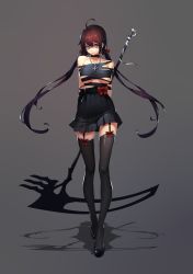 Rule 34 | 1girl, absurdres, black dress, black footwear, black thighhighs, blue eyes, bow, breasts, brown hair, choker, collarbone, cross, cross necklace, dress, garter straps, gradient background, highres, jewelry, long hair, looking at viewer, necklace, original, rekaerb maerd, scythe, solo, standing, thighhighs, torn clothes, twintails