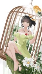 Rule 34 | 1girl, absurdres, barefoot, black hair, breasts, cage, cleavage, dress, flower, full body, green dress, green eyes, hair ribbon, highres, legend of the three kingdoms, medium breasts, phyntaxias, ribbon, short hair with long locks, simple background, sitting, white background, yellow ribbon