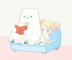 Rule 34 | 1girl, animal, ayu (mog), barefoot, bear, blue eyes, blush, book, bow, bowtie, closed mouth, clothed animal, couch, double bun, dress, hair bun, hair ornament, heart, heart hair ornament, open book, original, parted lips, pink dress, polar bear, reading, signature, sitting, striped clothes, striped dress
