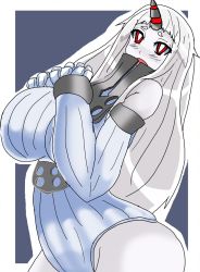 Rule 34 | 10s, 1girl, abyssal ship, blush, breasts, claws, colored skin, horns, huge breasts, kantai collection, long hair, open mouth, pale skin, red eyes, seaport princess, single horn, solo, sweater, urx ura, white hair, white skin