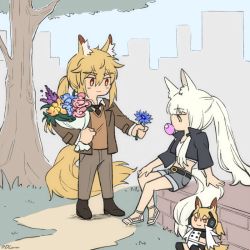 2girls, animal ear fluff, animal ears, arknights, belt, black belt, black footwear, black jacket, blonde hair, blouse, blue flower, bouquet, brick, brown jacket, brown sweater vest, bubble blowing, character doll, chewing gum, chibi, collared shirt, cropped shirt, dlanon, flower, formal, full body, grey pants, grey shorts, hair between eyes, hand on own knee, holding, holding bouquet, holding flower, horse ears, horse girl, horse tail, jacket, long hair, multiple girls, nearl (arknights), nearl the radiant knight (arknights), official alternate costume, open clothes, open jacket, outdoors, pants, path, pink flower, ponytail, purple flower, road, sandals, shirt, shorts, sidelocks, sitting, sweater vest, tail, tree, twitter username, very long hair, white footwear, white hair, white shirt, yellow eyes, yellow flower, yuri