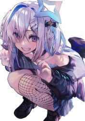 Rule 34 | 1girl, akieda, amane kanata, blue hair, choker, claw pose, colored inner hair, fishnet thighhighs, fishnets, grey hair, grin, hair ornament, hair over one eye, hairclip, highres, hololive, jacket, long hair, looking at viewer, multicolored hair, nail polish, off shoulder, purple eyes, simple background, single fishnet legwear, smile, solo, squatting, thigh strap, thighhighs, virtual youtuber, white background