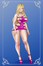 Rule 34 | 1girl, bare arms, bare shoulders, blonde hair, blue background, blue hair, blush, breasts, choker, closed mouth, collarbone, dress, female pubic hair, full body, fullmetal alchemist, gradient background, hair over one eye, high heels, highres, jewelry, large breasts, legs, lips, lm (legoman), long hair, looking at viewer, necklace, nipples, olivier mira armstrong, pink dress, platform footwear, pubic hair, pussy, revealing clothes, sandals, shunori, solo, standing, thick thighs, thighs, toes, uncensored