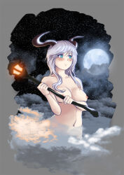 Rule 34 | blush, breasts, cloud, cloudy sky, convenient censoring, freyja, grey hair, highres, holding, holding lantern, horns, lantern, large breasts, moon, noart 0, norse mythology, nude, original, sky, star (sky), turquoise eyes