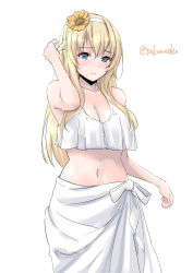 Rule 34 | 1girl, bikini, blonde hair, blue eyes, blush, breasts, cleavage, closed mouth, flower, hair between eyes, hairband, highres, kantai collection, large breasts, long hair, navel, one-hour drawing challenge, sarong, simple background, smile, solo, sunflower, swimsuit, takomeshi, twitter username, warspite (kancolle), white background, white bikini, white hairband, white sarong, yellow flower