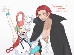 Rule 34 | 1boy, 1girl, arm up, black cape, black ribbon, blush, cape, closed eyes, collarbone, commentary request, facial hair, father and daughter, frills, hair rings, happy, headphones, headset, highres, jacket, locked arms, long sleeves, microphone, multicolored hair, neck ribbon, one piece, one piece film: red, open clothes, open jacket, open mouth, partially unbuttoned, pectorals, q (oshikuraq), red hair, ribbon, scar, scar across eye, shanks (one piece), shirt, simple background, single sleeve, split-color hair, teeth, two-tone hair, upper teeth only, uta (one piece), white background, white hair, white shirt
