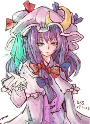 Rule 34 | 1girl, blue bow, blue ribbon, bow, crescent, crescent hair ornament, crystal, dated, floating, floating object, hair bow, hair ornament, hair ribbon, hakuro109, hat, jitome, long hair, looking at viewer, magic, mob cap, patchouli knowledge, purple hair, red bow, red ribbon, ribbon, serious, simple background, solo, striped, touhou, white background