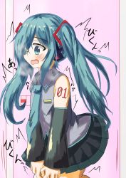 Rule 34 | 1girl, absurdres, aqua eyes, aqua hair, aqua necktie, bare shoulders, black skirt, blush, breath, crying, detached sleeves, door, earpiece, embarrassed, female focus, flat chest, grey vest, hair ornament, hatsune miku, have to pee, highres, ichigotoofu, japanese text, long hair, matching hair/eyes, miniskirt, necktie, number tattoo, one eye closed, open mouth, pink background, pleated skirt, sideways mouth, skirt, solo, sparkle, standing, tattoo, tears, translation request, trembling, twintails, v arms, vest, vocaloid, wide-eyed