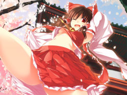 Rule 34 | 1girl, bow, breasts, brown hair, detached sleeves, female focus, from below, hair bow, hair tubes, hakurei reimu, hinohoshi ataru, navel, no bra, one eye closed, open mouth, red eyes, sany, small breasts, solo, thighs, touhou, underboob, upshirt, upskirt, wink