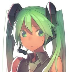 Rule 34 | 1girl, bare shoulders, close-up, green eyes, green hair, hatsune miku, headset, kanjy00u, matching hair/eyes, necktie, portrait, solo, twintails, vocaloid
