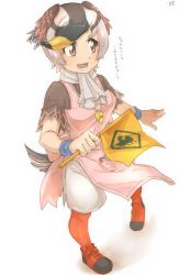 Rule 34 | 1girl, :d, apron, bird tail, black hair, brown eyes, brown hair, commentary request, flag, full body, head wings, highres, kemono friends, kemono friends 2, multicolored hair, open mouth, orange pantyhose, pantyhose, pink apron, scarf, shoes, short sleeves, shorts, simple background, smile, solo, spot-billed duck (kemono friends), tail, thin (suzuneya), translation request, whistle, whistle around neck, white background, white hair, white scarf, white shorts, wings, wristband
