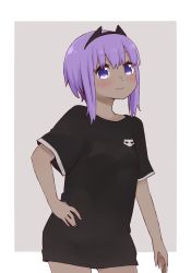 Rule 34 | 1girl, black hairband, black shirt, blush, breasts, closed mouth, cowboy shot, dark-skinned female, dark skin, fate/prototype, fate/prototype: fragments of blue and silver, fate (series), grey background, hair between eyes, hairband, hand on own hip, hassan of serenity (fate), i.u.y, purple eyes, purple hair, shirt, short sleeves, sidelocks, skull print, small breasts, smile, solo, two-tone background, white background