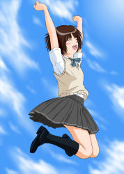 Rule 34 | 1girl, amagami, arms up, black footwear, black socks, blue sky, blush, clenched hands, commentary request, day, closed eyes, grey skirt, highres, jumping, keisuke (0320030103200301), kibito high school uniform, kneehighs, loafers, open mouth, pleated skirt, school uniform, shoes, short hair, short sleeves, skirt, sky, smile, socks, solo, sweater vest, tachibana miya