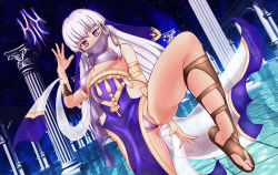 Rule 34 | 1girl, armlet, bracelet, breasts, closed mouth, covered erect nipples, dancer, dancer (fire emblem: three houses), dress, fire emblem, fire emblem: three houses, gladiator sandals, hair ornament, highres, imo karubi, jewelry, long hair, lysithea von ordelia, nintendo, pillar, pink eyes, sandals, small breasts, solo, veil, white hair