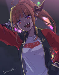 Rule 34 | 1girl, ahoge, black jacket, blonde hair, dragon girl, dragon horns, hand in pocket, hololive, horns, jacket, kiryu coco, kyou fumei, long hair, looking at viewer, multicolored clothes, multicolored hair, multicolored jacket, open mouth, orange eyes, orange hair, pointy ears, ponytail, red jacket, shirt, sidelocks, smile, streaked hair, two-tone jacket, virtual youtuber, white shirt