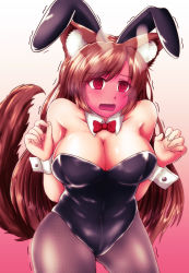 Rule 34 | 1girl, @ @, animal ears, bare shoulders, black leotard, bow, bowtie, breasts, cleavage, collarbone, covered navel, detached collar, fake animal ears, fishnet pantyhose, fishnets, gradient background, high heels, highres, imaizumi kagerou, large breasts, leotard, long hair, looking at viewer, open mouth, pantyhose, playboy bunny, rabbit ears, red eyes, solo, sotomichi, strapless, strapless leotard, tail, touhou, trembling, wavy mouth, wolf ears, wolf tail, wrist cuffs