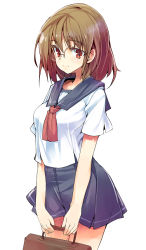 Rule 34 | 1girl, brown hair, glasses, holding, original, red eyes, school uniform, simple background, skirt, smile, solo, ukyo rst, white background