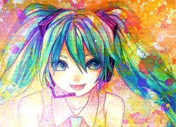 Rule 34 | 1girl, bad id, bad pixiv id, bare shoulders, bonnou-s-rice, colorful, green eyes, green hair, hatsune miku, headset, highres, looking at viewer, matching hair/eyes, open mouth, paint splatter, painting (medium), smile, solo, traditional media, upper body, vocaloid, watercolor (medium)