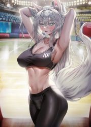 Rule 34 | 1girl, absurdres, animal ear fluff, animal ears, armpits, arms behind head, arms up, bare arms, bare shoulders, black pants, black sports bra, blush, breasts, cleavage, collarbone, cowboy shot, crop top, fox ears, fox girl, fox tail, hair between eyes, highres, large breasts, long hair, looking at viewer, midriff, navel, nompang, novel illustration, official art, open mouth, original, pants, sleeveless, solo, sports bra, stadium, standing, stomach, sweat, tail, taut clothes, yoga pants