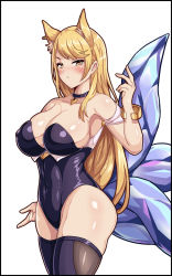 Rule 34 | 1girl, ahri (league of legends), animal ear fluff, animal ears, bad id, bad pixiv id, bare shoulders, black border, black thighhighs, blonde hair, blush, border, breasts, choker, cleavage, closed mouth, commentary request, covered navel, facial mark, fox ears, fox tail, half-closed eyes, hand up, heart, heart choker, highres, idol, k/da (league of legends), k/da ahri, korean commentary, large breasts, league of legends, leotard, looking at viewer, minieon kiugi, revision, shiny skin, simple background, solo, standing, tail, thighhighs, whisker markings, white background, yellow eyes
