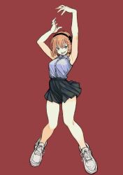 1girl armpits arms_up braid full_body headband highres legs looking_at_viewer non-web_source pleated_skirt rai_rai_rai sharp_teeth shirt shoes short_hair skirt teeth thighs yoshiaki_kei