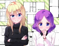 Rule 34 | 2girls, black sweater, blonde hair, blue eyes, commentary request, crossed arms, highres, long hair, long sleeves, looking at viewer, multiple girls, new game!, official art, purple hair, shirt, short hair, sweater, tokunou shoutarou, tooyama rin, turtleneck, turtleneck sweater, upper body, watch, white shirt, yagami kou