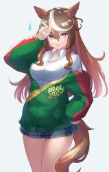 Rule 34 | 1girl, alternate costume, blush, breasts, brown hair, closed mouth, collared shirt, commentary request, cowboy shot, earrings, green jacket, grey skirt, hair between eyes, hand on own hip, highres, jacket, jacket partially removed, jewelry, long hair, long sleeves, looking at viewer, medium breasts, miniskirt, multicolored clothes, multicolored hair, multicolored jacket, plaid, plaid skirt, red jacket, saikuu, shirt, simple background, single earring, skirt, smile, solo, streaked hair, symboli rudolf (umamusume), two-tone jacket, umamusume, v, white background, white hair, white shirt