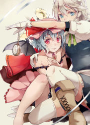 Rule 34 | 2girls, bare legs, bare shoulders, bat wings, blue eyes, blue hair, boots, braid, detached collar, evers, female focus, flower, gloves, hat, hat ribbon, highres, izayoi sakuya, looking at viewer, maid headdress, mob cap, multiple girls, pocket watch, red eyes, remilia scarlet, ribbon, roman numeral, short hair, silver hair, simple background, smile, thighhighs, touhou, watch, white gloves, white legwear, wings
