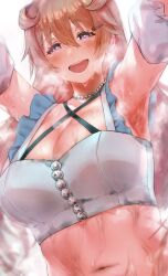 1girl :d armpits bare_shoulders blurry blurry_background blush breasts cleavage commentary_request crop_top daydream_mermaid depth_of_field detached_sleeves earrings frilled_shirt frills from_below grey_shirt hair_between_eyes hair_ornament hairclip hands_up heavy_breathing highres hundred_brazil jewelry konoe_kanata large_breasts long_hair looking_at_viewer looking_down love_live! love_live!_nijigasaki_high_school_idol_club navel necklace official_alternate_costume open_mouth orange_hair outstretched_arms pearl_necklace puffy_detached_sleeves puffy_sleeves purple_eyes reaching reaching_towards_viewer shirt short_sleeves simple_background sleeveless sleeveless_shirt smile solo star_(symbol) star_earrings steaming_body stomach sweat teeth upper_body upper_teeth_only wet wet_clothes wet_shirt white_background