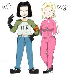Rule 34 | 10s, 1boy, 1girl, android 17, android 18, belt, black hair, blonde hair, blue eyes, breasts, closed mouth, dragon ball, dragon ball super, earrings, eyebrows, gloves, highres, jewelry, jinu (jinusenpai), open mouth, pants, shirt, shoes, short hair, simple background, smile, tongue, white background