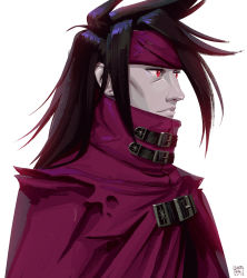 Rule 34 | 1boy, artist name, black hair, cheekbones, cloak, colored skin, final fantasy, final fantasy vii, final fantasy vii remake, grey skin, headband, high collar, highres, leandro franci, long hair, looking to the side, male focus, messy hair, portrait, red cloak, red eyes, red headband, solo, torn cloak, torn clothes, upper body, vincent valentine, white background